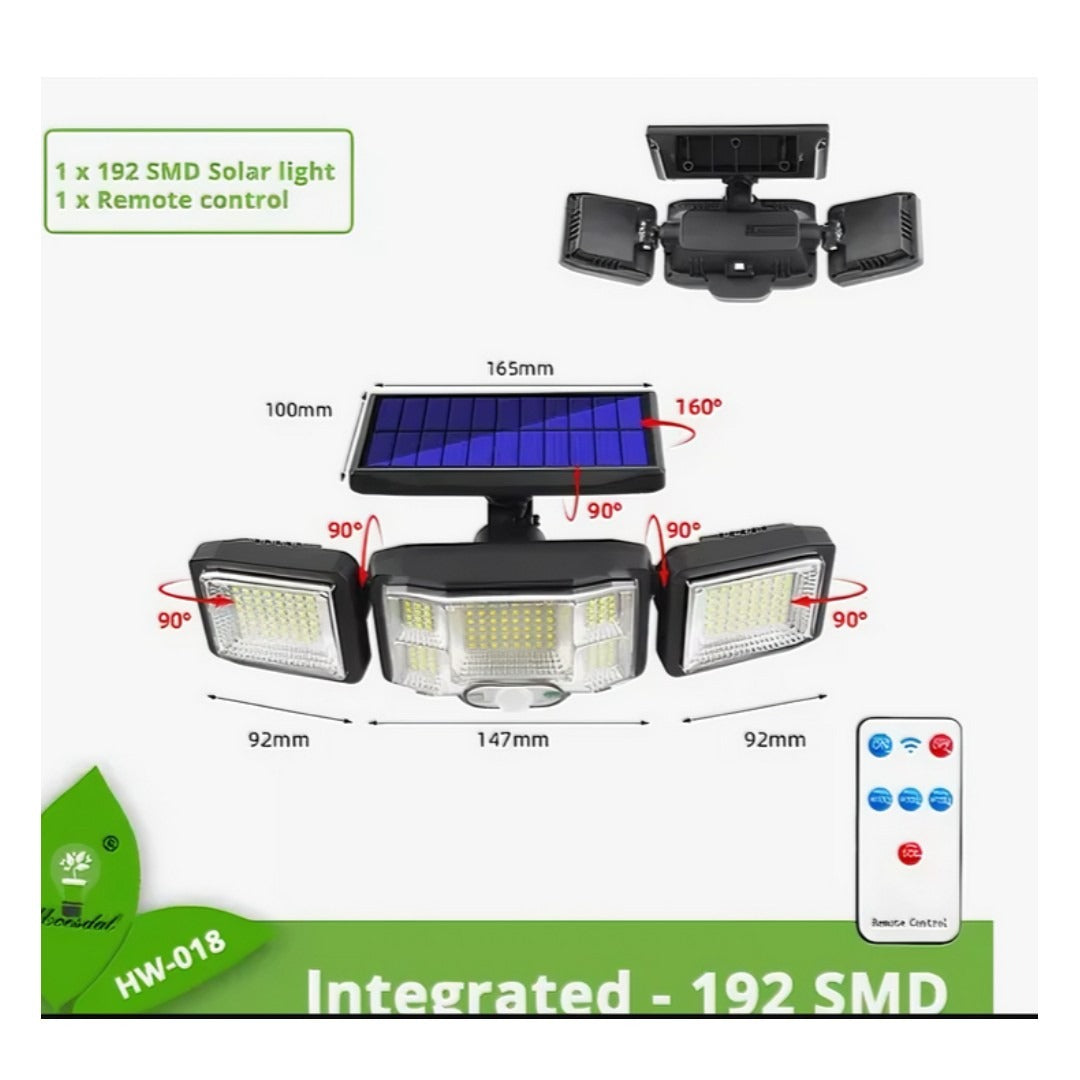 Lámpara Solar 192 LED con Sensor de Movimiento 3 Cabezas