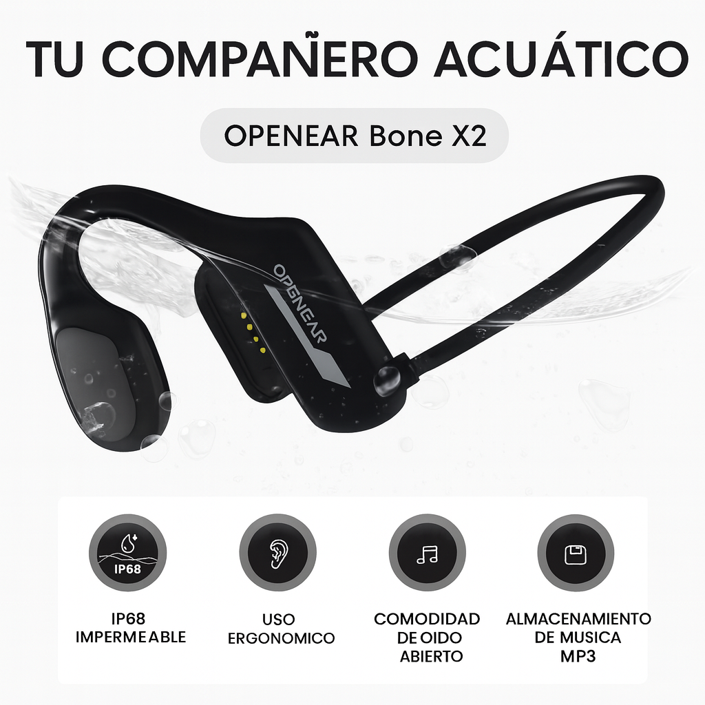 Audífonos Open‑Ear IPX8 para Natación  Bluetooth + MP3 integrado Bone X2
