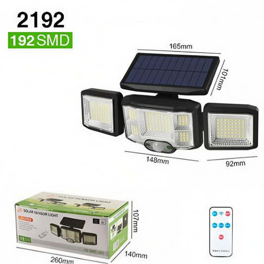 Lámpara Solar 192 LED con Sensor de Movimiento 3 Cabezas