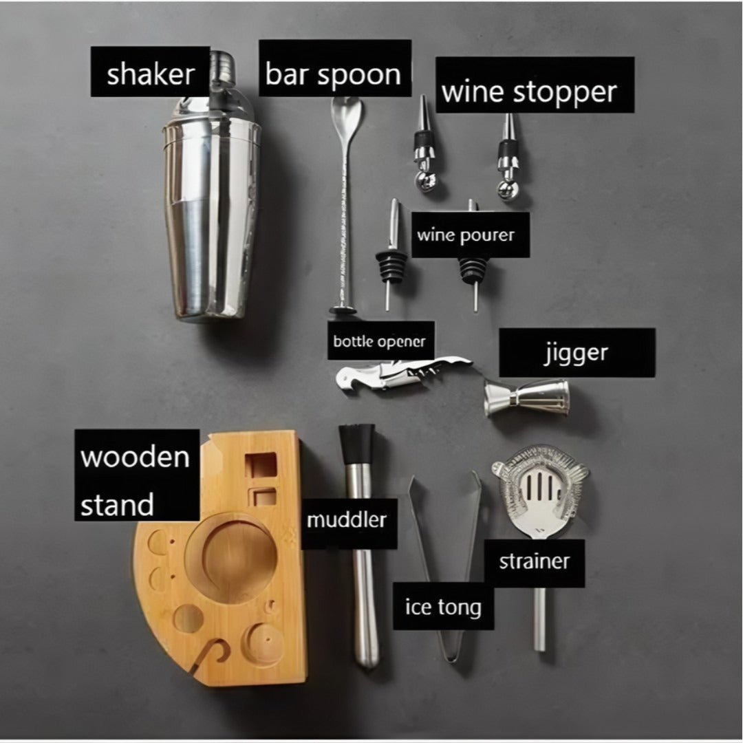 Set de Coctelería 12 Piezas Profesional con Base de Madera